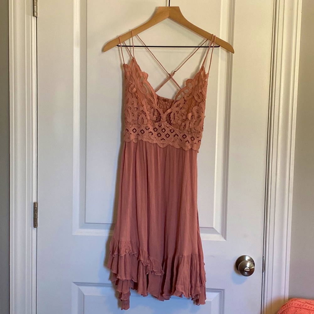 Lace-Trim Spaghetti Strap Mini Dress in Blush Pink - Picture 3 of 5